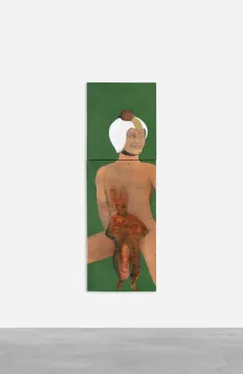 Ölgemälde einer nackten Person, die einen weißen Helm trägt