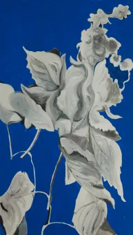 Ölgemälde einer weiß-grauen Pflanze auf blauem Hintergrund