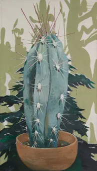 Ölgemälde eines grünen, stacheligen Kaktus, im Hintergrund werfen andere Pflanzen ihre Schatten an die Wand