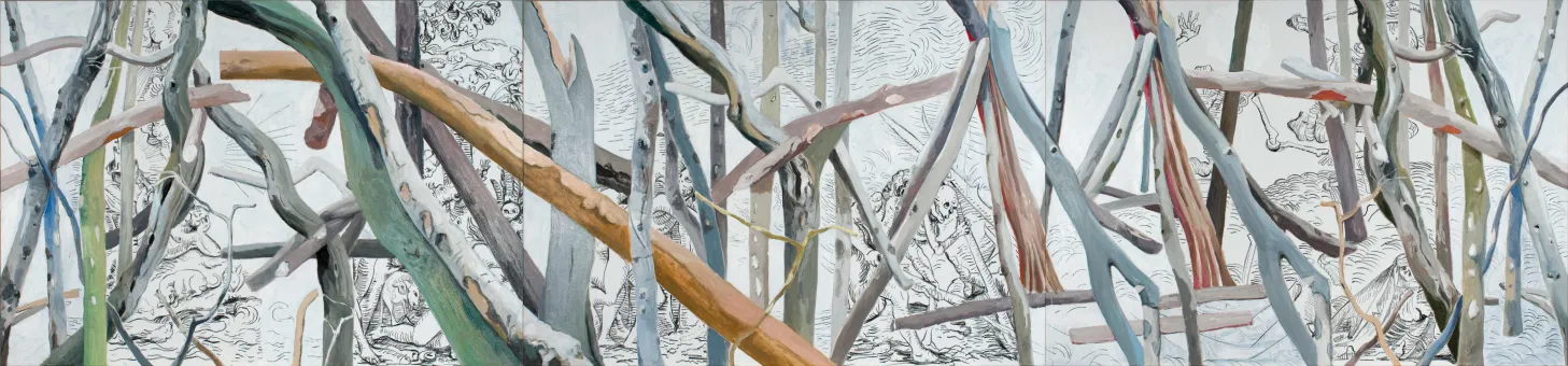 Vierteiliges Ölgemälde, die Szenen des Totentanz im Hintergrund abbilden, teilweise verdeckt durch Äste  im Vordergrund