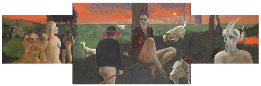 Dreiteiliges Ölgemälde mit einer Frau am Baum gelehnt sitzend