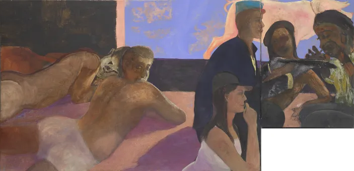 Zweiteiliges Ölgemälde von sechs Personen in Blau- und Rosatönen