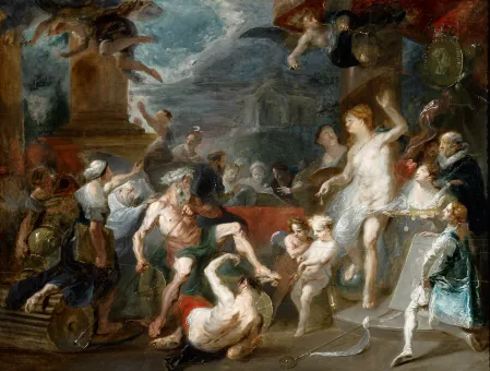 Von links nähert sich ein von zwei Eroten gezogener Wagen mit dem greisen Chronos, der die vor ihm liegende Personifikation des Neides soeben zu Sturz gebracht hat, im Hintergrund ein Rundtempel, m Mittelgrund befindet sich ein Lehrer mit Schülerinnen und Schülern, die in einem Buch blättern