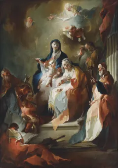 Gottvater blickt auf eine Gruppe von Figuren, die mit ihren grotesken Mienen kaum wie eine Gesellschaft von Heiligen erscheint.