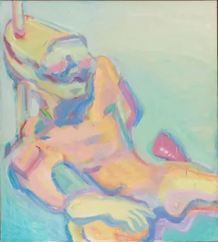 Abstraktes Gemälde einer liegenden Figur in rosa, gelb, blau und türkisfarbenen Pastellfarben, der Hintergrund ist nahezu leer