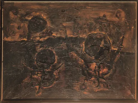 Tar and metal bowl on canvas  97 x 130 cm