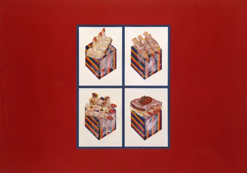 Collage of magazine illustrations and spectral coloured cube (coloured pencil on cardboard) on cardboard, 70 x 100 cm  