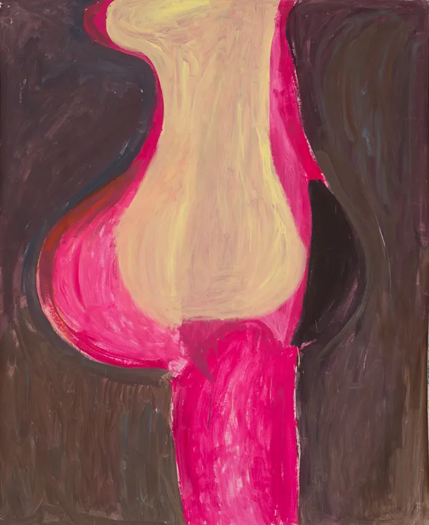 Auf braunem Hintergrund ist eine Figur in Pink und beige