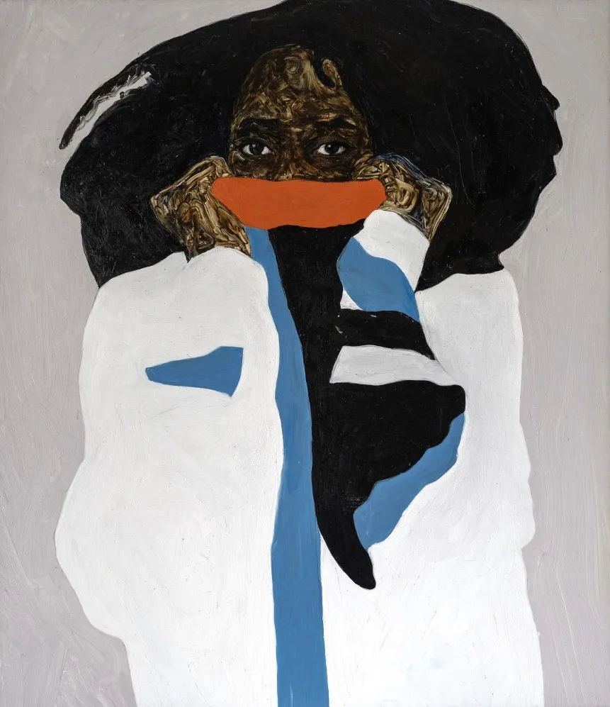 Amoako Boafo, Orange, Black, Baby Blue, and White, Detail, 2018