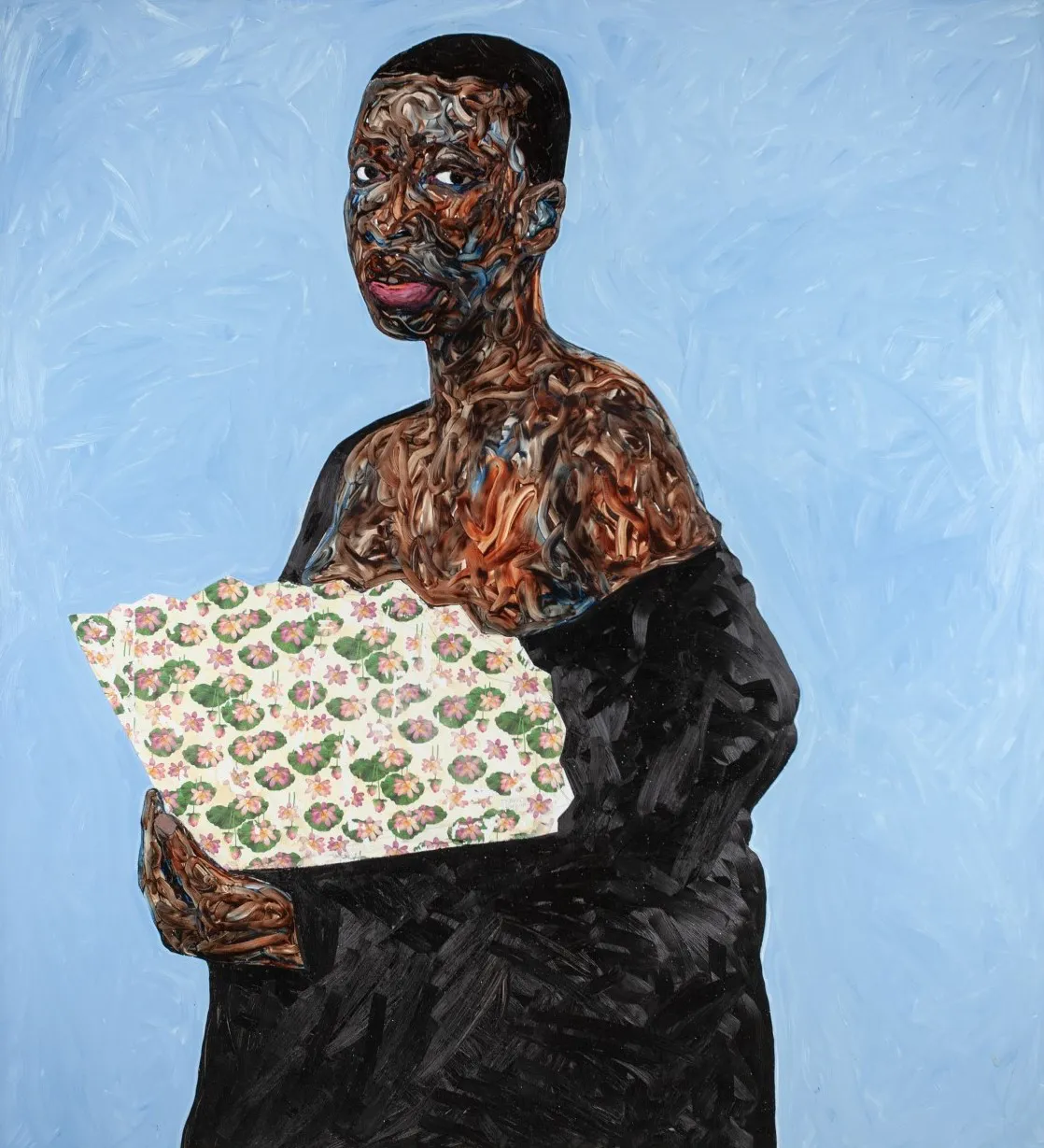 Amoako Boafo, Belinda Ade Kazeem-Kamiński with a Purple Lily Fan, Detail,2019