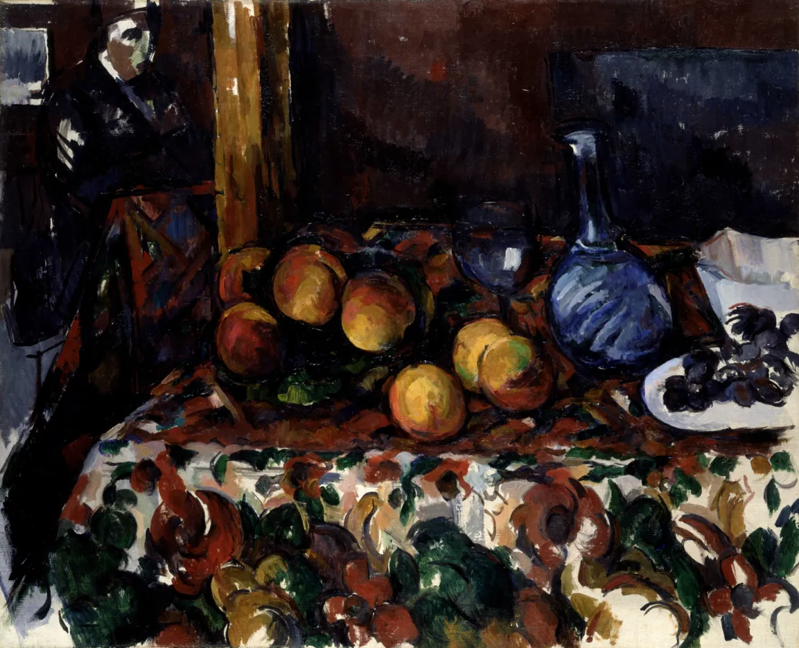 Paul Cézanne, Pfirsiche, Karaffe und Figur, um 1900
