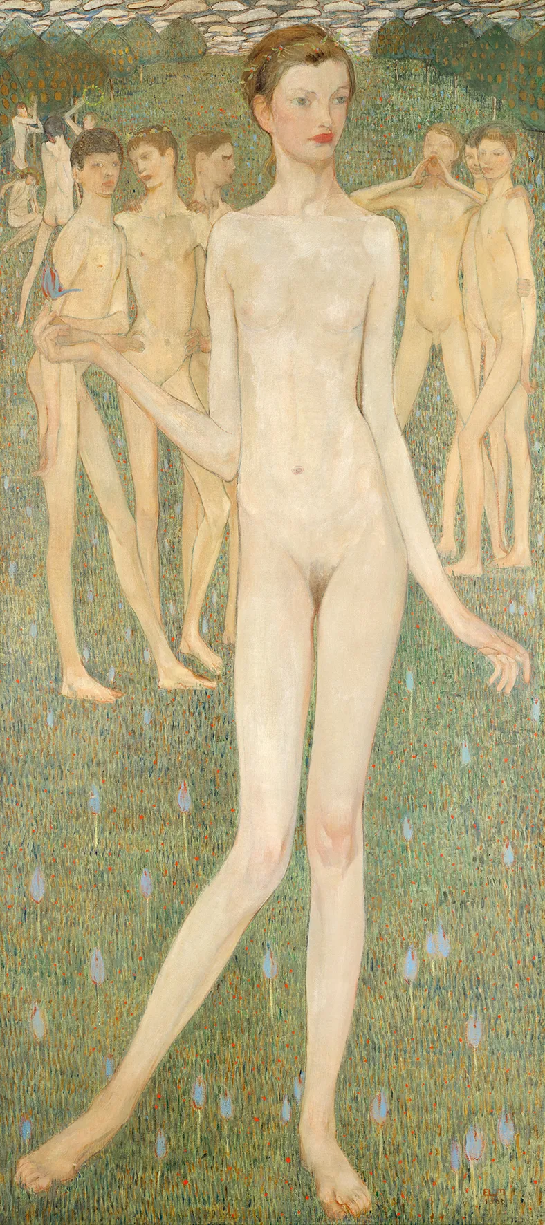 Undressed adolescent girl in the foreground being curiously but cautiosly noticed by adolescent males in the background.