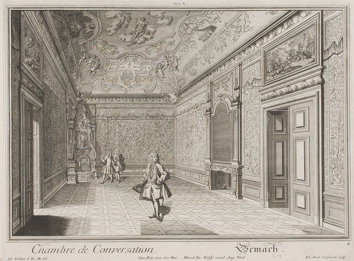 Ein Stich der das heutige Goldkabinett als Konversationszimmer Prinz Eugens zeigt. Die Abbildung ist in schwarz-weiß. Der Raum ist leer, bis auf eine Etagère in der linken hinteren Raumecke. Davor unterhalten sich zwei Personen. Ein Mann steht im Zentrum des Raums.