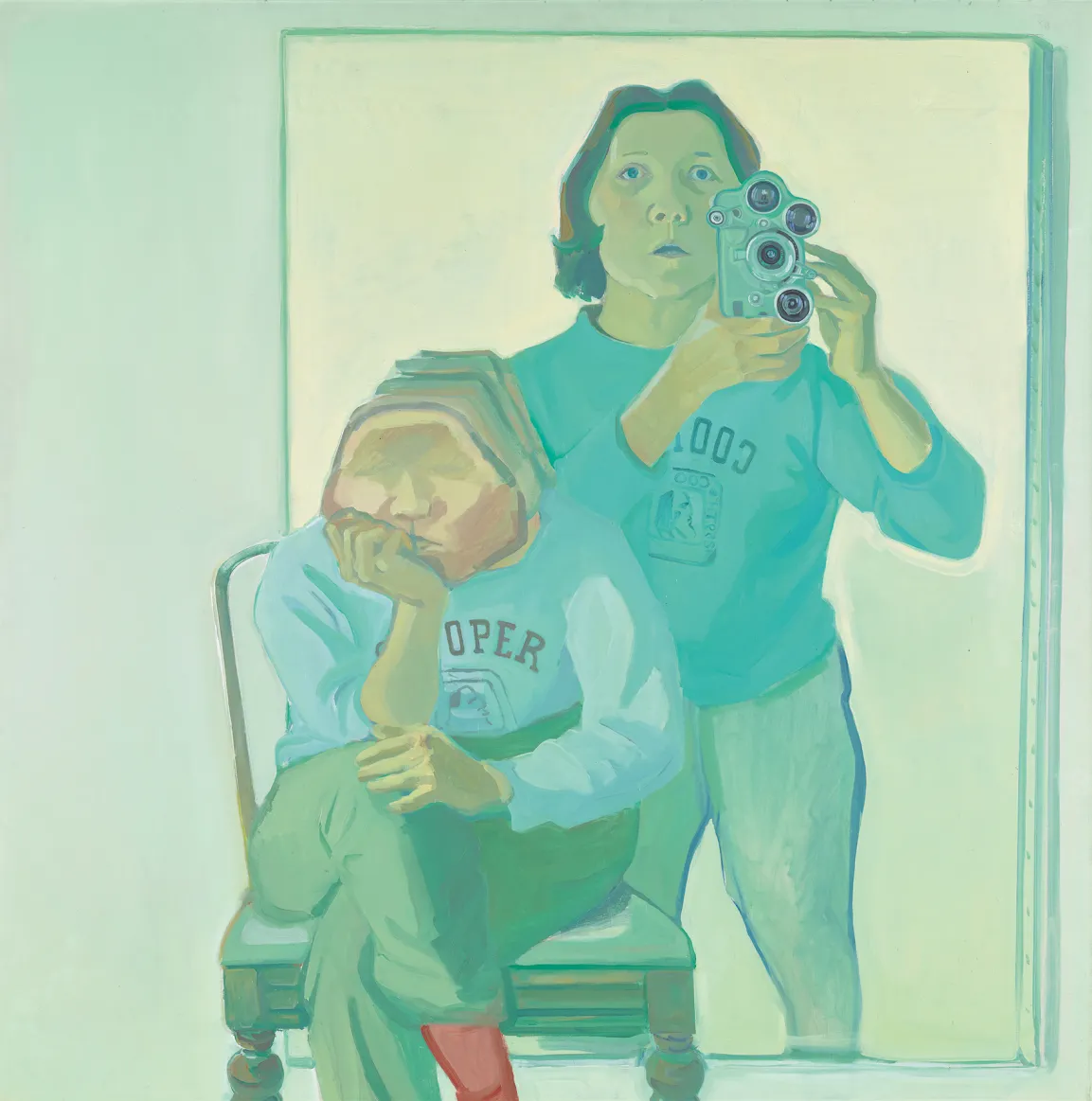 Iconic double self-portrait with Camera: One version of the woman is sitting in a chair, while the other is depicted on a canvas behind her, standing up, holding a camera. 