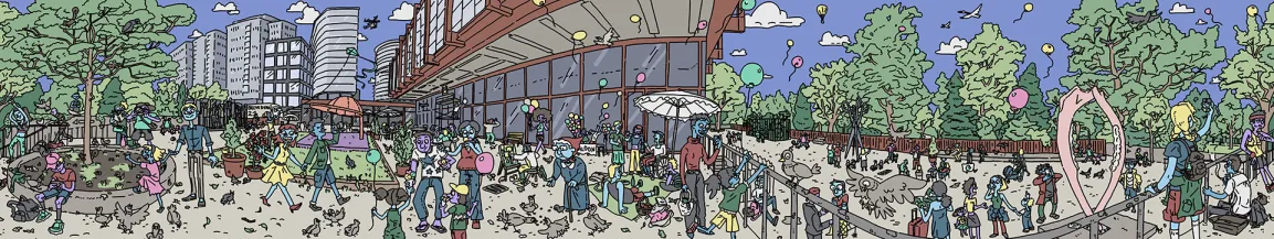 A hidden object scene featuring many people, works of art, and the Belvedere 21.