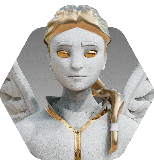 Der virtuelle Spiel-Charakter der Sphinx im Portrait: Ein Frauenkopf auf einem hier nur angedeuteten geflügelten Löwenkörper. Die Sphinx ist scheinbar aus weißem Stein, mit goldenen Details.