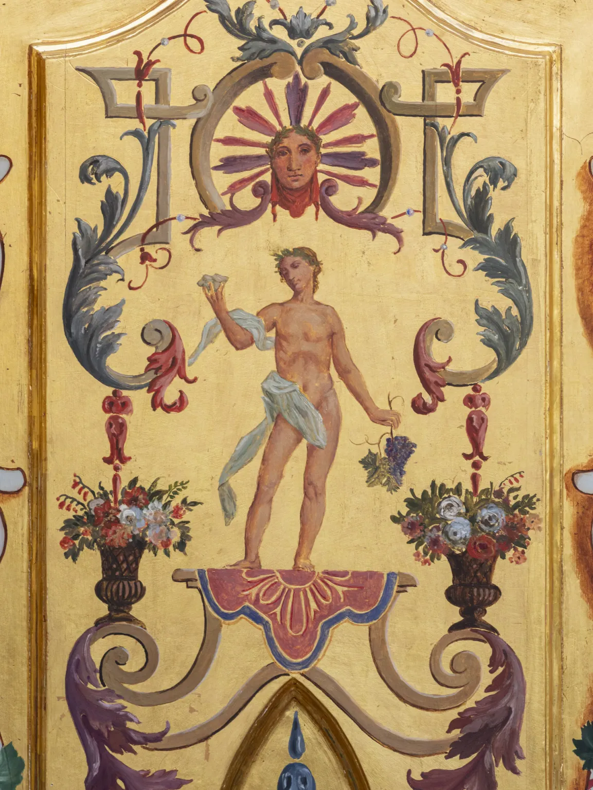 Malerei auf Goldgrund: Personifikation des Herbstes. Der Gott Bacchus erscheint hier als junger, schlanker Mann mit Weintrauben in der Hand.