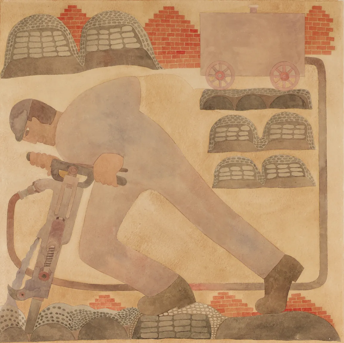 Stylized illustration of a construction worker operating a jackhammer. The figure is shown in a bent posture on a sandy-colored surface. In the background are brick structures, arched tunnel-like forms, and a mine cart on tracks. The image uses muted shades of brown, gray, and red.