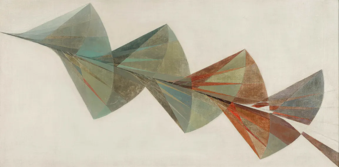 Abstract painting featuring a dynamic ribbon-like form composed of overlapping geometric shapes in muted gray, beige, brown, and orange tones. Stretching across the canvas, the composition suggests the motion of a bird in flight, conveying movement, rhythm, and speed.