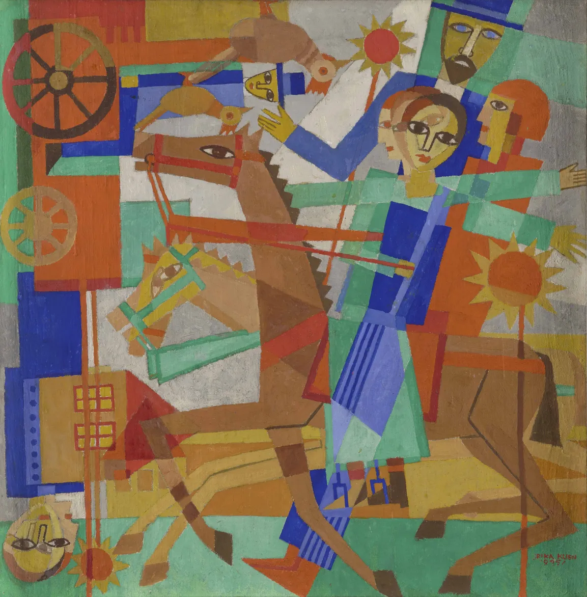 Painting featuring overlapping figures, animals, and symbols in vivid blue, red, green, yellow, and ochre tones. At the center, a horse and rider are surrounded by stylized heads, birds, wagon wheels, and sun motifs. Angular shapes and bright colors create a sense of movement, variety, and a densely layered narrative scene.