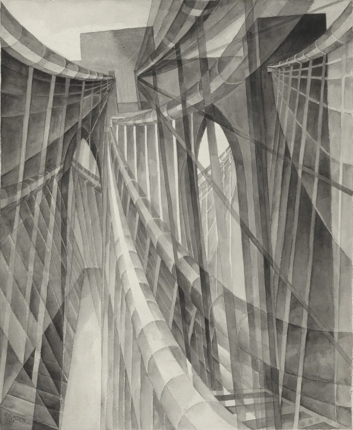 Black-and-white abstract depiction of the Brooklyn Bridge. Overlapping lines, curves, and geometric shapes form a dynamic composition, suggesting the bridge’s cables and structure dissolving into motion.