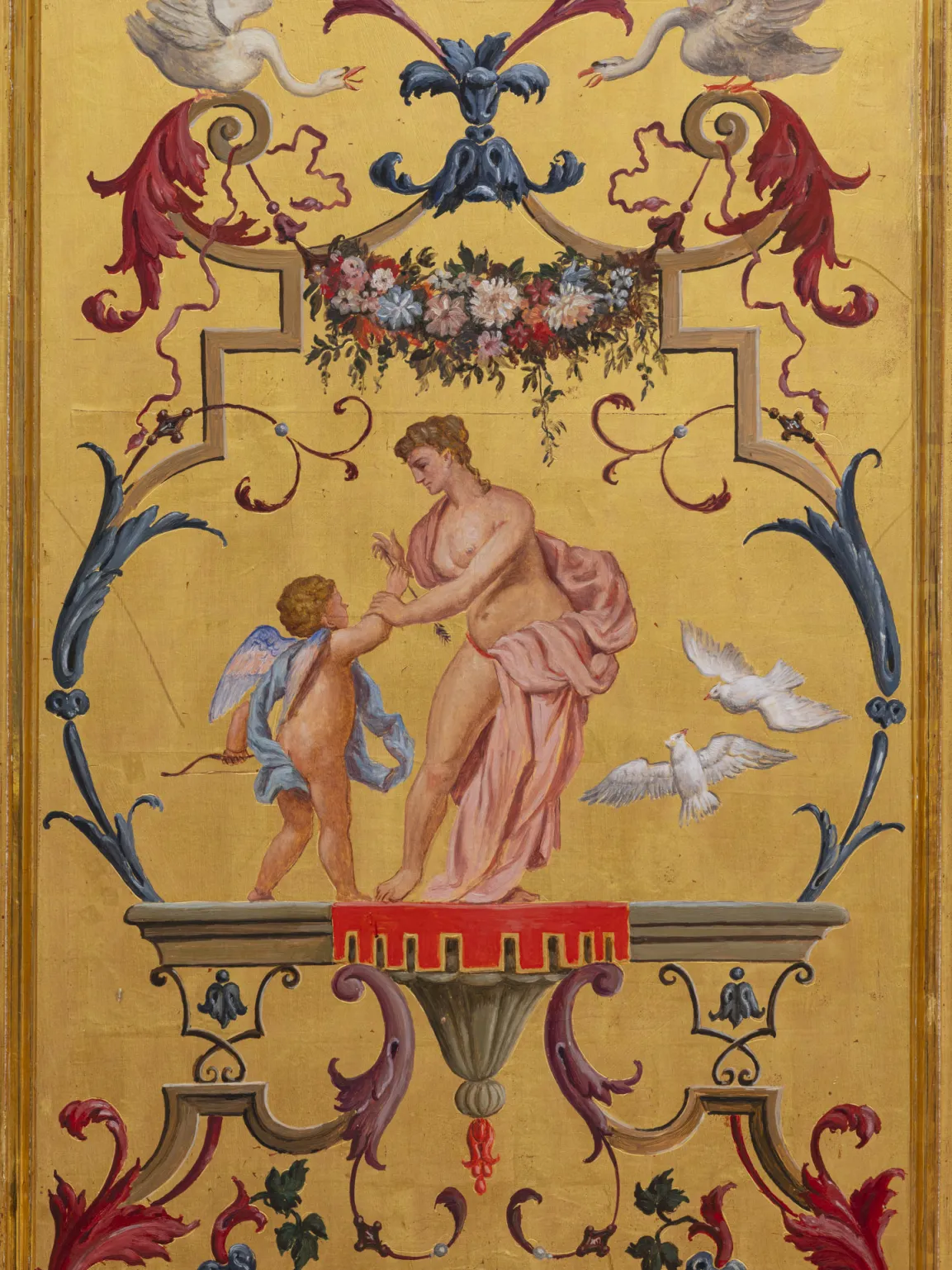 Painting on a gold ground: A mother holding her child by the arm in a disciplinary gesture.