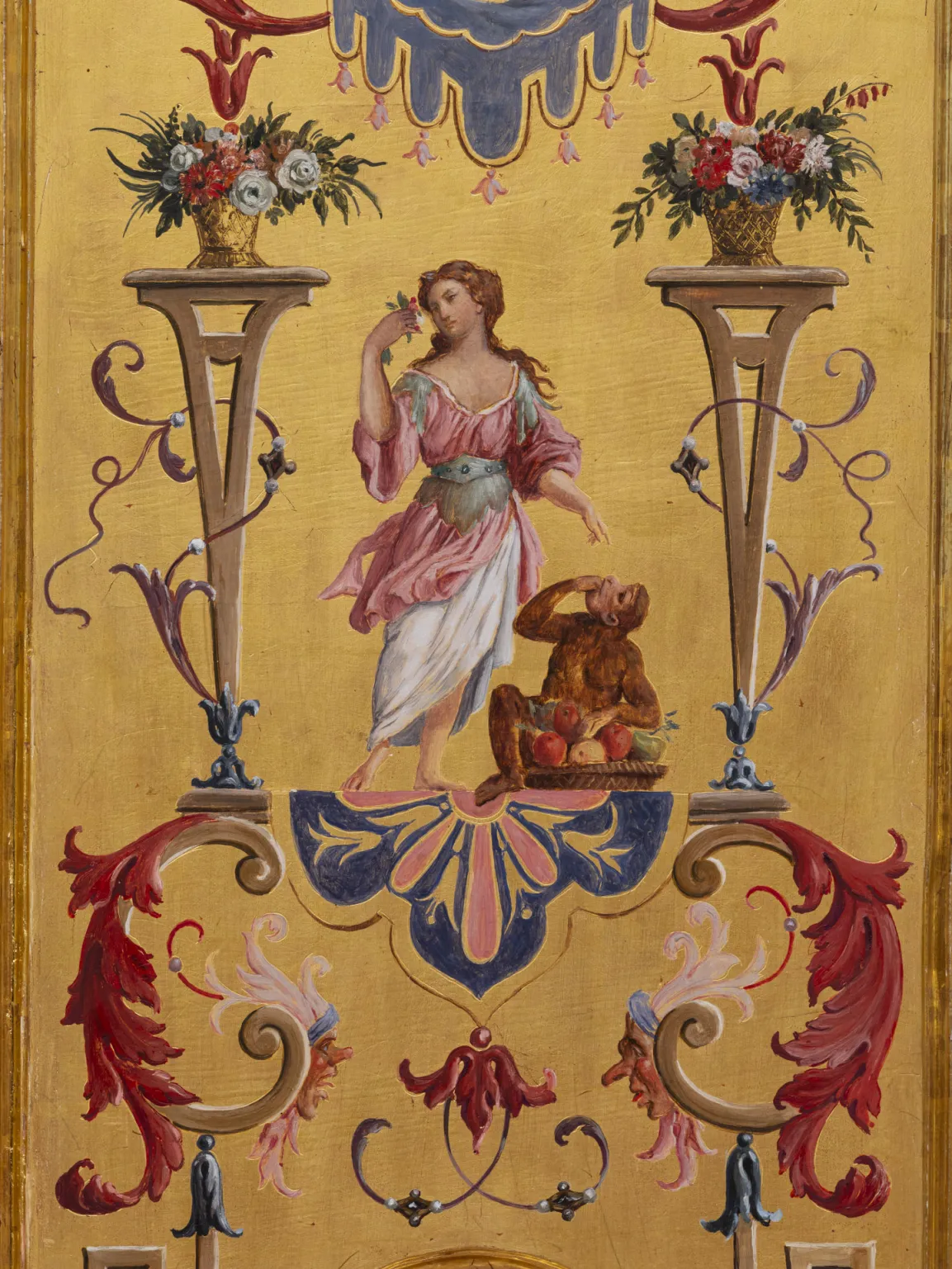 Painting on a gold ground: A woman smelling a flower. At her feet, a small monkey is eating fruit.