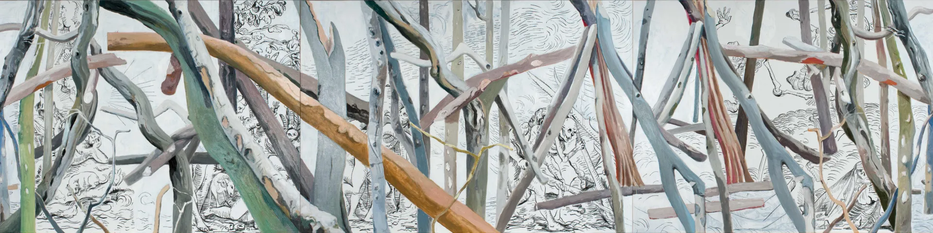 Vierteiliges Ölgemälde, die Szenen des Totentanz im Hintergrund abbilden, teilweise verdeckt durch Äste  im Vordergrund