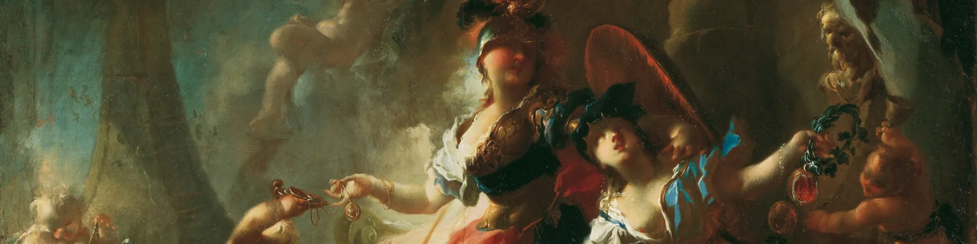 verblümte Vorstellung der Keyserin unter der Gestalt der Minerva mit ihren Attributis sitzend, zu ihren Füßen sitzt die allegorische Figur der Akademie "mit einer goldenen cron auf dem haupt" und hält in der rechten Hand eine Feile mit einem um sie geschlungenen Zettel, auf dem "Detrahit atque polit" (Sie nimmt weg und glättet) geschrieben steht, in ihrer Linken hält sie einen "Cranz von Lorbeer, ebheu [Efeu] und Myrthen", von dem zwei Granatäpfel herabhängen, links unten spielt ein Äffchen