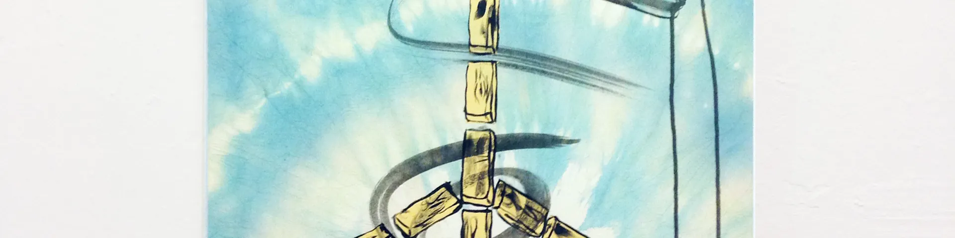 Lack, Acryl, Transferdruck, Knüpfbatik auf Leinwand  70 x 55cm