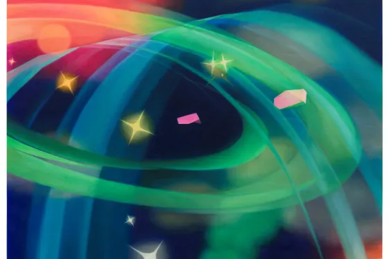 Miao Ying, Training Landscapes No.22 - A quantum alchemist in a lab pristine, Manipulated qubits with a futuristic sheen, 2024