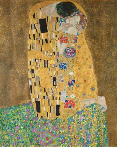 The image depicts a couple embracing. The figures are surrounded by a shiny golden background that is richly adorned. The one figure appears to be wrapped in a magnificent garment decorated with various patterns and floral motifs. Their faces are close together, and their eyes are closed, conveying an intimate and deep connection. The lower part of the image is filled with a lush vegetative depiction. [AI-generated with ChatGPT]
