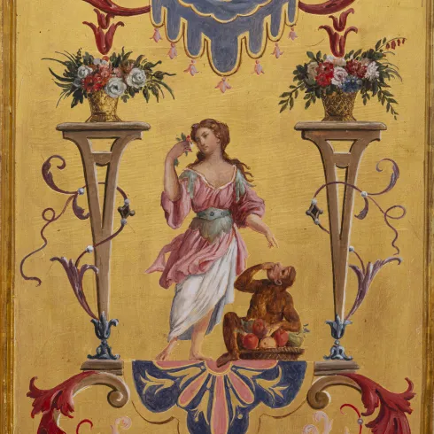 Painting on a gold ground: A woman smelling a flower. At her feet, a small monkey is eating fruit.