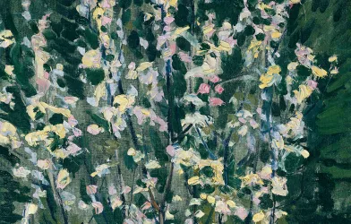 Blühendes Bäumchen in Weiß und Rosa auf grünem Hintergrund.