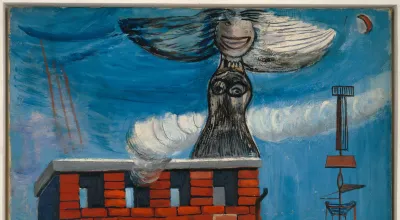 Gemälde einer Engelähnlichen Figur auf einem Kamin aus Backstein