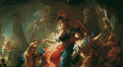 verblümte Vorstellung der Keyserin unter der Gestalt der Minerva mit ihren Attributis sitzend, zu ihren Füßen sitzt die allegorische Figur der Akademie "mit einer goldenen cron auf dem haupt" und hält in der rechten Hand eine Feile mit einem um sie geschlungenen Zettel, auf dem "Detrahit atque polit" (Sie nimmt weg und glättet) geschrieben steht, in ihrer Linken hält sie einen "Cranz von Lorbeer, ebheu [Efeu] und Myrthen", von dem zwei Granatäpfel herabhängen, links unten spielt ein Äffchen