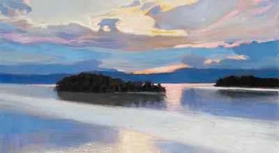 Ölgemälde, das den Blick auf einen stillen See darstellt