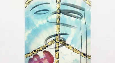 Varnish, acryl, transfer printing, batik tie and dye on canvas, 70 x 55cm