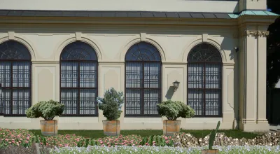 Entwurf Malergarten, Fotomontage in der man angebaute Pflanzen vor dem Unteren Belvedere sieht