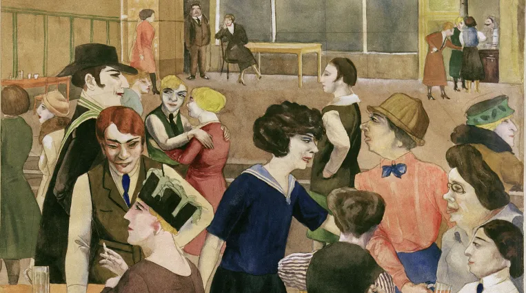 Malerei zeigt verschiedene Leute in einer Kneipe, die sitzen, reden, trinken und tanzen