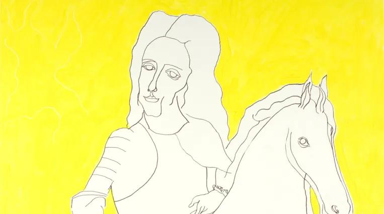 Zeichnung von Prinz Eugen auf einem Pferd auf gelbem Hintergrund